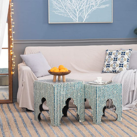 Square Side Table Ivory Wooden Blue M45xL45xH50.5cm