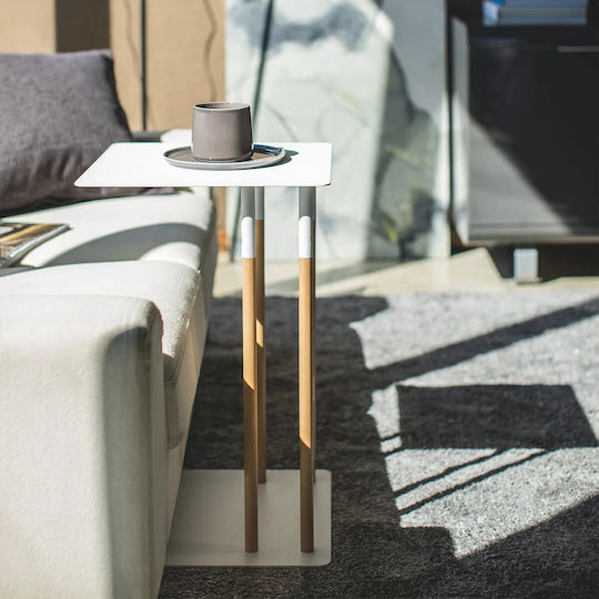 Square Side Table Sliding Metal White / Natural M35xL35xH35cm