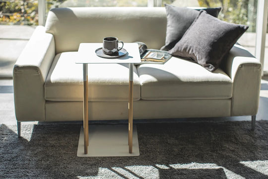 Square Side Table Sliding Metal White / Natural M35xL35xH35cm