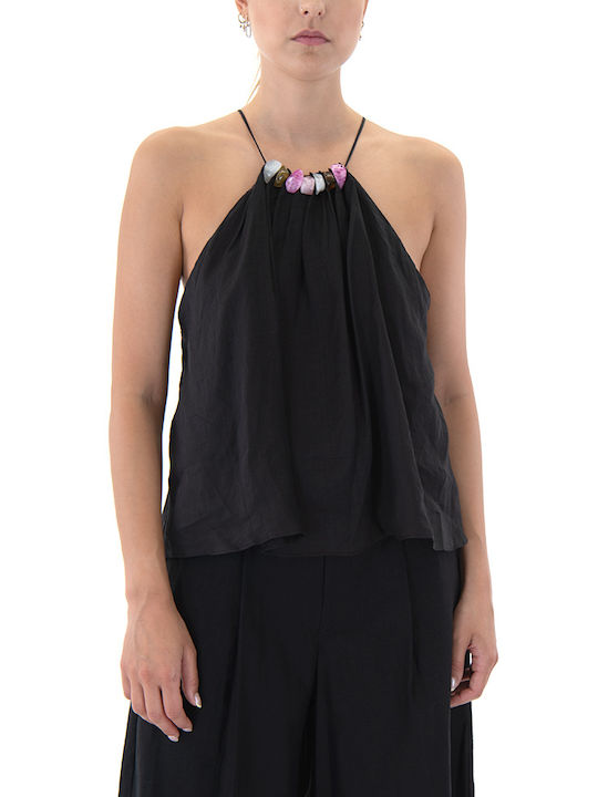 Matchbox Women's Summer Blouse Linen Sleeveless with Tie Neck Black