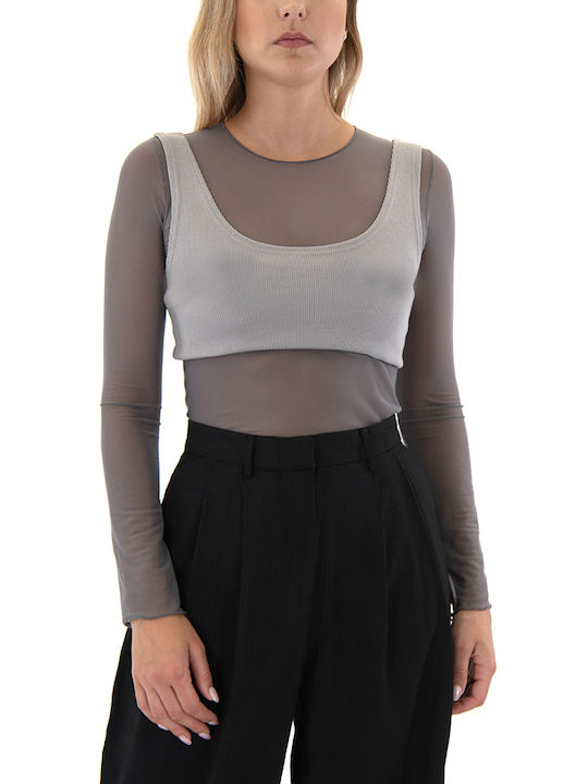 Black n Black Damen Bluse Langärmelig Black, Grey