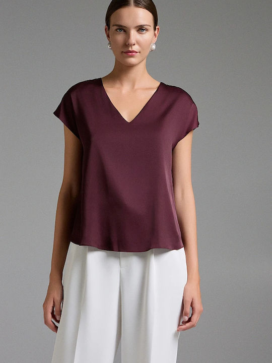 BSB Women's Blouse Satin Short Sleeve with V Neckline Burgundy