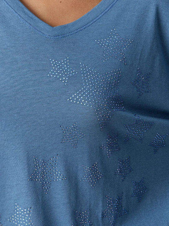 Women's Blouse Cotton Long Sleeve with V Neckline Blue