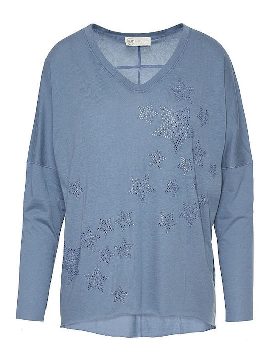Women's Blouse Cotton Long Sleeve with V Neckline Blue
