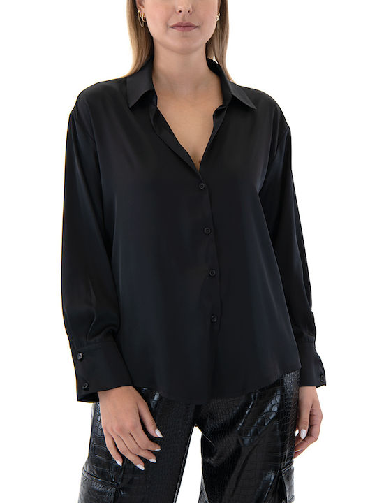 MY T Damen Bluse Satin Langärmelig Black (Black)