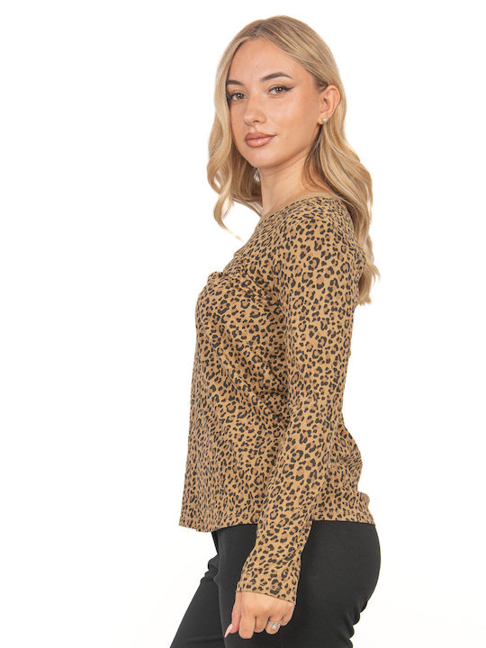 Ellen Damen Bluse Tierdruck Camel