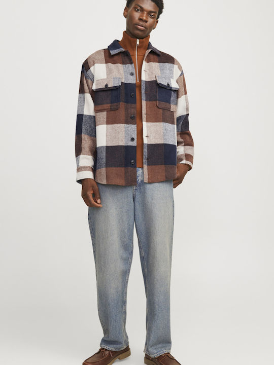 Long Sleeve Overshirt In Regular Fit Checked Navy Blue