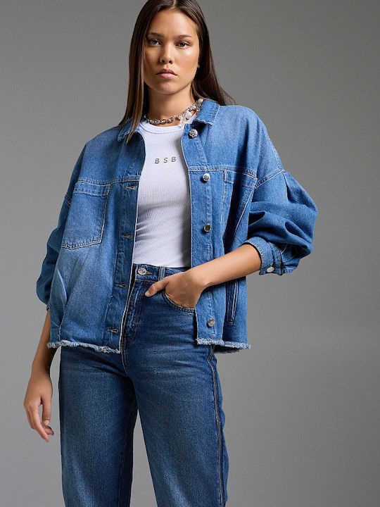 BSB Women's Short Jean Jacket for Spring or Autumn Blue