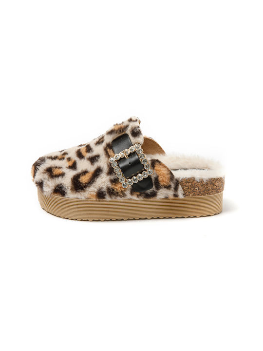 Jomix Winter Women's Slippers with fur in Beige color