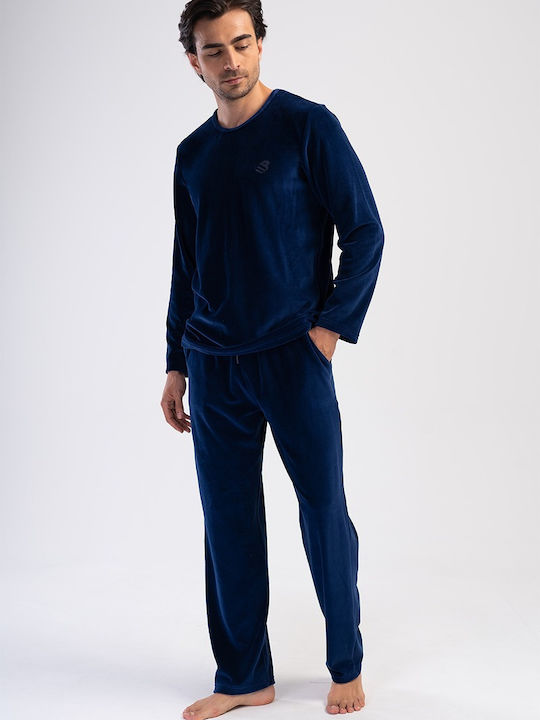 Vienetta Secret Men's Winter Velvet Pajamas Set Blue