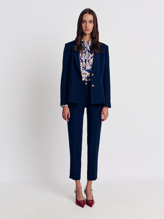 Forel Long Women's Crepe Waisted Blazer Blue