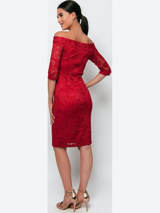 Midi Evening Dress with Lace Red