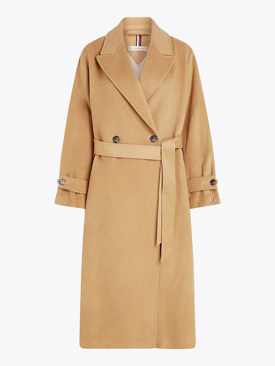 Lână Palton pentru femei Camel Palton cu curea