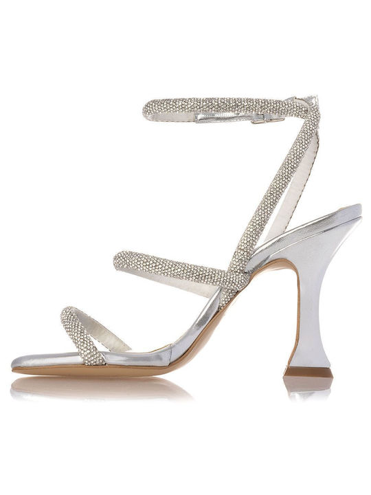 Sante Leather Women's Sandals with Strass Silver with High Heel