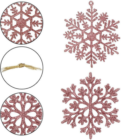 Ornament suspendat Fulgi de zăpadă Plastic Roz cu lumină LED Set 12buc