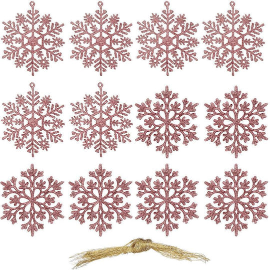 Ornament suspendat Fulgi de zăpadă Plastic Roz cu lumină LED Set 12buc