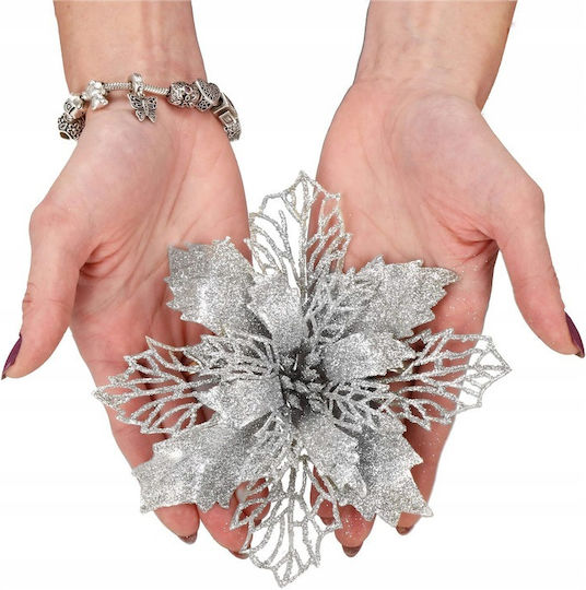 Hanging Ornament Flower Plastic Silver 16x14cm Set 10pcs