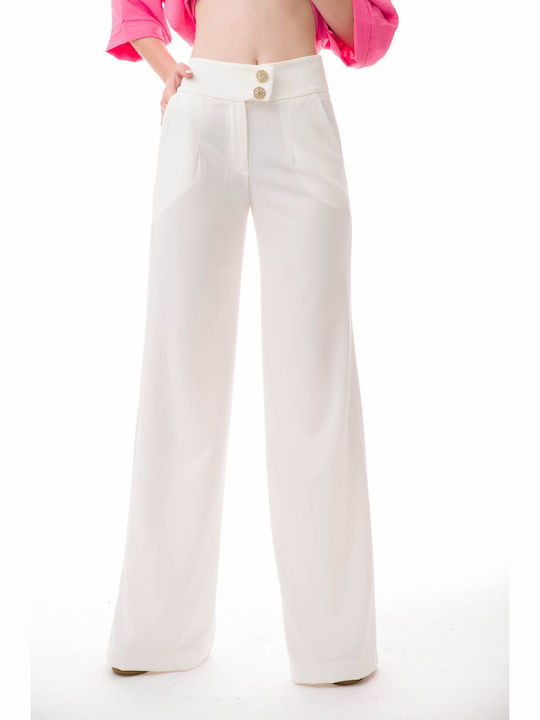 Pop & doll Women's High-waisted Fabric Trousers with Elastic Ecru