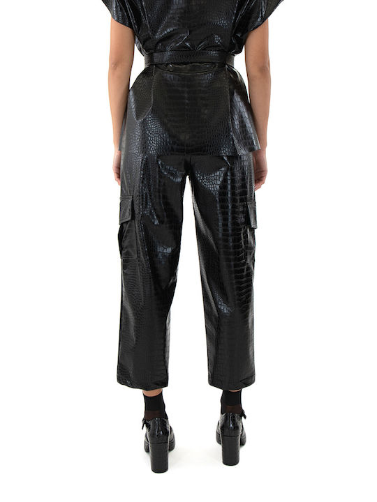 Zoya Faux Women's High-waisted Leather Cargo Trousers Black (Black)