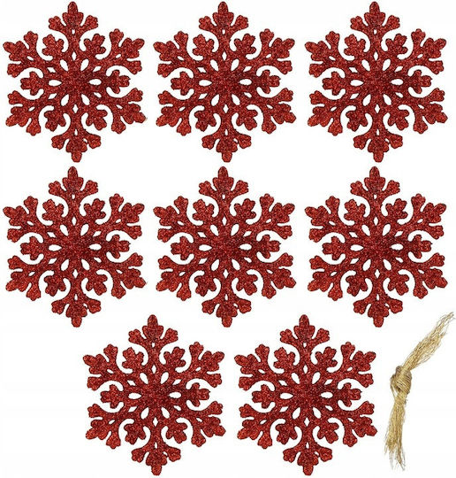 Hängendes Schneeflocke Ornament Kunststoff Rot mit Glitzer Set 8Stück