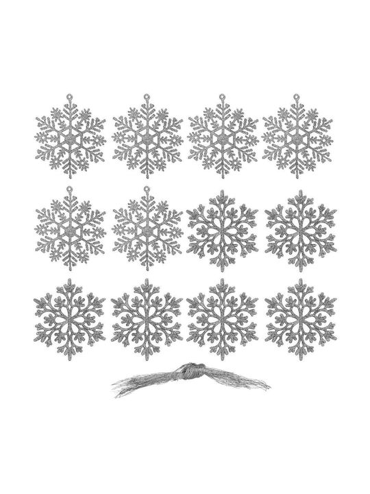 Hanging Snowflake Ornament Plastic Silver with Glitter 10cm Set 12pcs