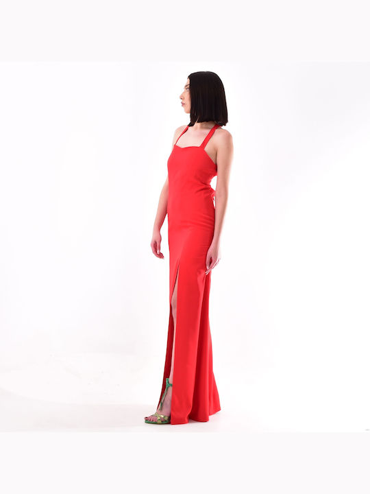 Maxi Evening Dress Open Back with Slit Red