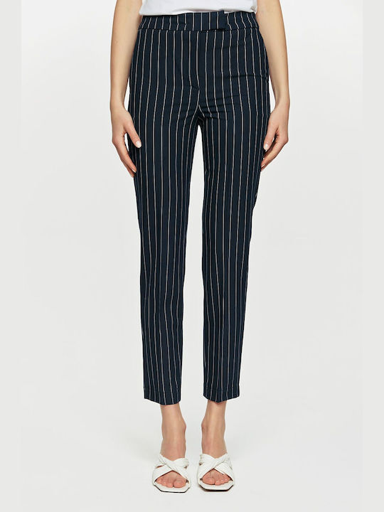 Pop & doll Women's Fabric Trousers with Elastic in Slim Fit Striped Blue