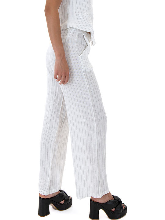 Damen Hoch tailliert Leinen Hose in Geradem Schnitt Gestreift WHITE- BLACK