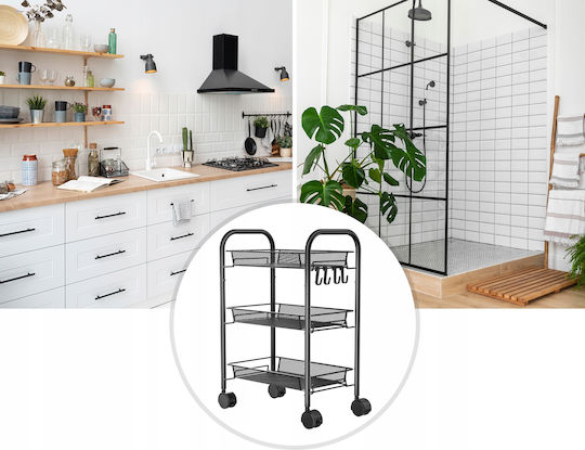 Metallic Kitchen Cart Shelf 3 Shelves 4 Hooks Black 44x26x64cm