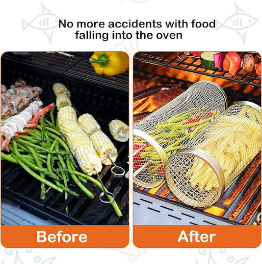 Cylindrical Barbecue Basket Zola Stainless Steel Very High Temperature Resistant 30x9.5 Cm Silver