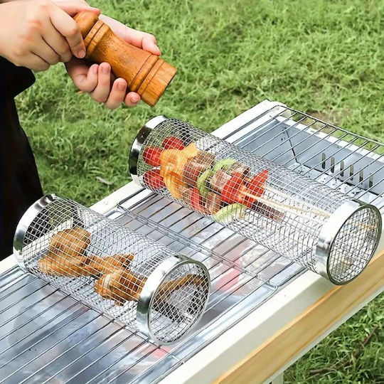 Cylindrical Barbecue Basket Zola Stainless Steel Very High Temperature Resistant 30x9.5 Cm Silver