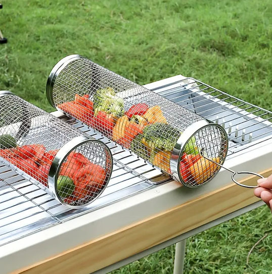 Cylindrical Barbecue Basket Zola Stainless Steel Very High Temperature Resistant 30x9.5 Cm Silver