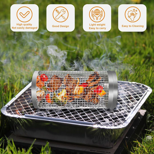 Cylindrical Barbecue Basket Zola Stainless Steel Very High Temperature Resistant 30x9.5 Cm Silver