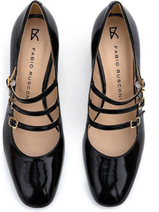 Leder Pumps mit Riemchen & flacher Absatz Schwarz