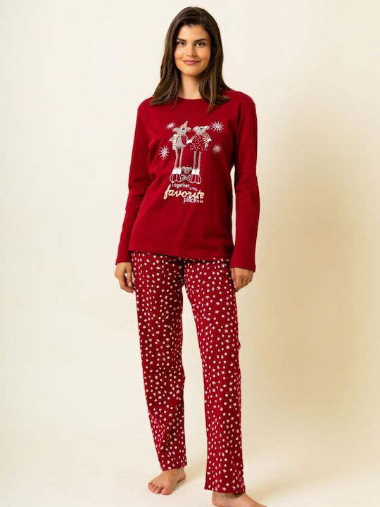 Happy Family Winter Women's Pyjama Set Cotton Burgundy