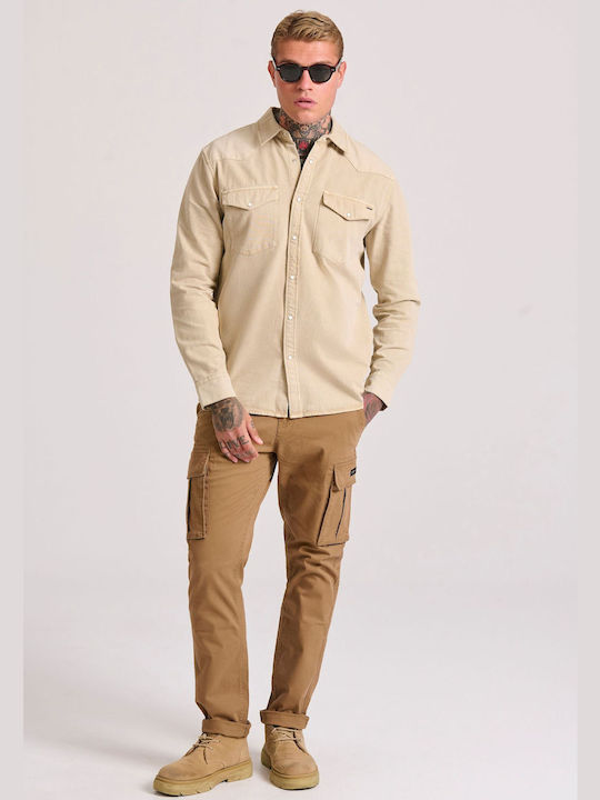 Funky Buddha Herrenhemd Langärmelig Jeans Gestreift Beige