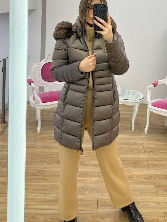 Pop & doll Women's Short Puffer Jacket for Winter with Detachable Hood Bronze