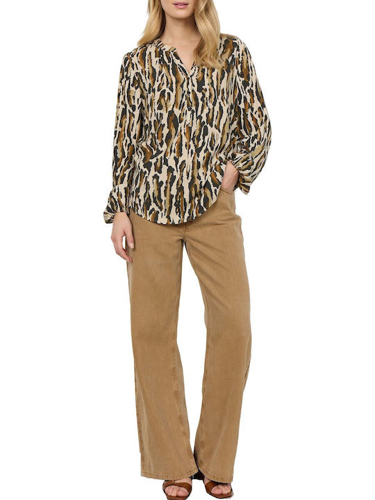 Soya Concept Women's Blouse with V Neckline Animal Print Coffee