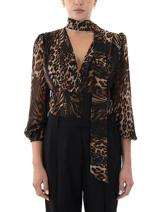 Twenty 29 Blouse Women Twenty-29 Women's Blouse Long Sleeve with V Neckline Animal Print Brown, Black, Beige