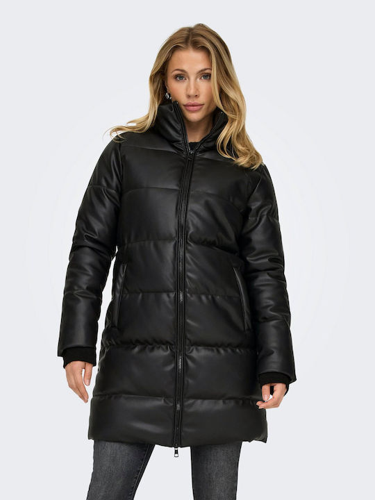 Only Women's Short Biker Artificial Leather Jacket for Winter Black