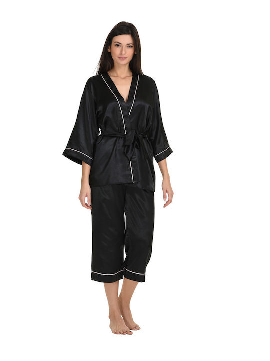 Primavera Damen Set Pyjama Set Robe Satin Schwarz