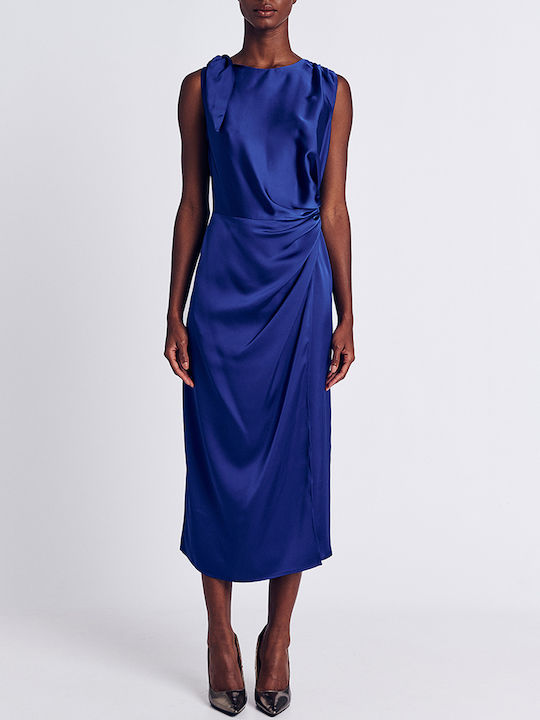 Forel Midi Evening Dress Satin Draped Royal Blue