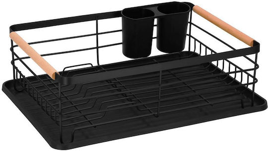Suport Uscător Vase cu Suport Tacâmuri din Oțel Tavă de Scurgere Mânere din Lemn 42x32x15cm Negru Suport Uscător Vase cu Suport Tacâmuri din Oțel Tavă de Scurgere Mânere din Lemn 42x32x15cm Negru