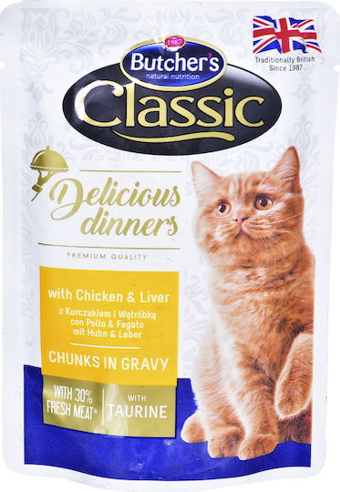 Butcher's Pet Care Classic Delicious Dinners Wet Food for Adult Cats in Pouches with Chicken and Liver Gluten-Free 100gr