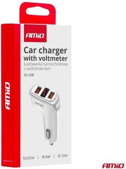 AMiO Car Charger 15.5W 3.1A with Ports: 2xUSB with Cable Embedded and Voltmeter White Color