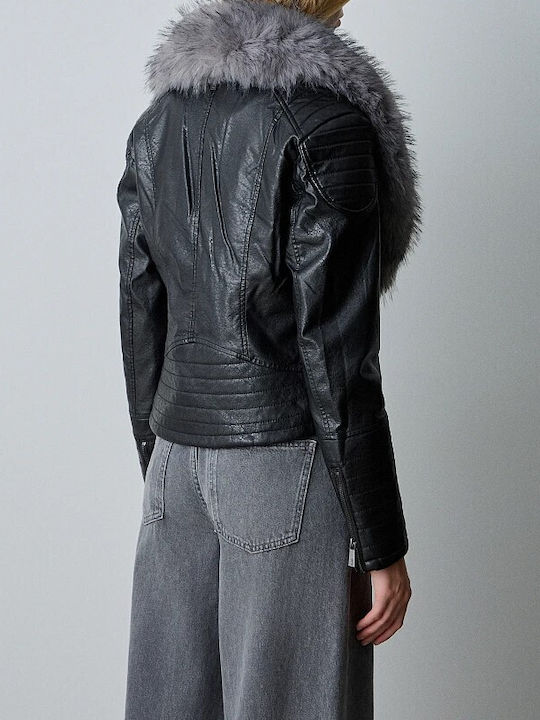 Γυναικείο Biker Jacket με Επένδυση Γούνας Μαύρο