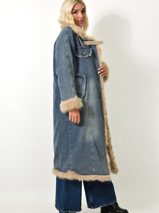 Potre Women's Long Jean Jacket for Winter Blue