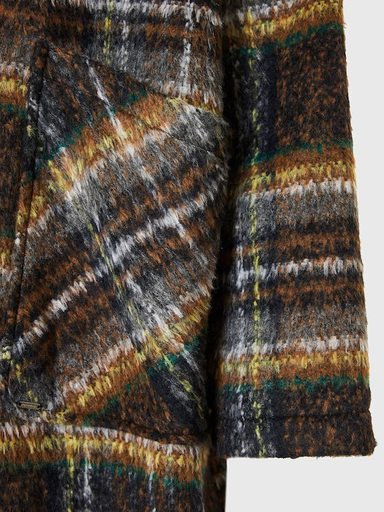 Wool Women's Checked Brown Coat Oversized with Buttons