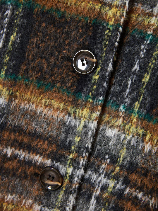 Wool Women's Checked Brown Coat Oversized with Buttons