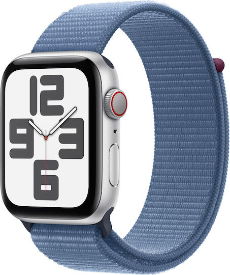 Apple Watch SE 2023 Cellular Aluminium 44mm Wasserdicht mit Pulsmesser (Silver with Winter Blue Sport Loop)